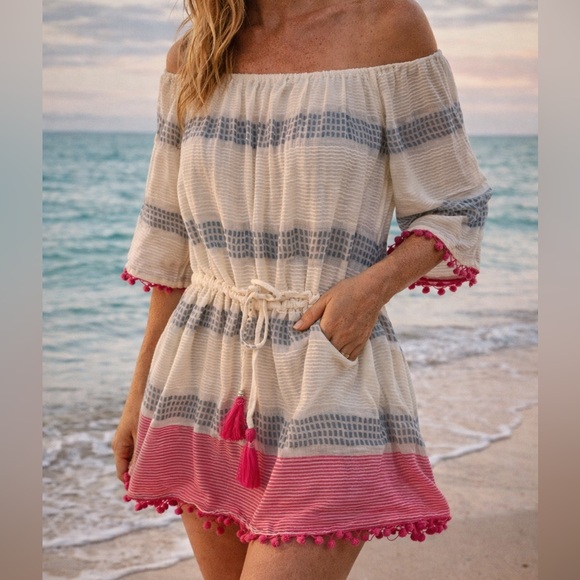 blue island Other - Boho Off Shoulder Dress Tunic | Beach Cover Up Tassel Pom Pom L Blue Island